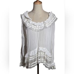 Anthropologie White Ruffles And Lace Relaxed Fit Romantic Sheer Blouse Top